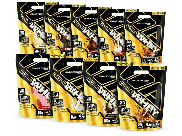 Pacotes de Gold Whey da Adaptogen em vários sabores: baunilha, chocolate, coco, doce de leite, morango e cookies